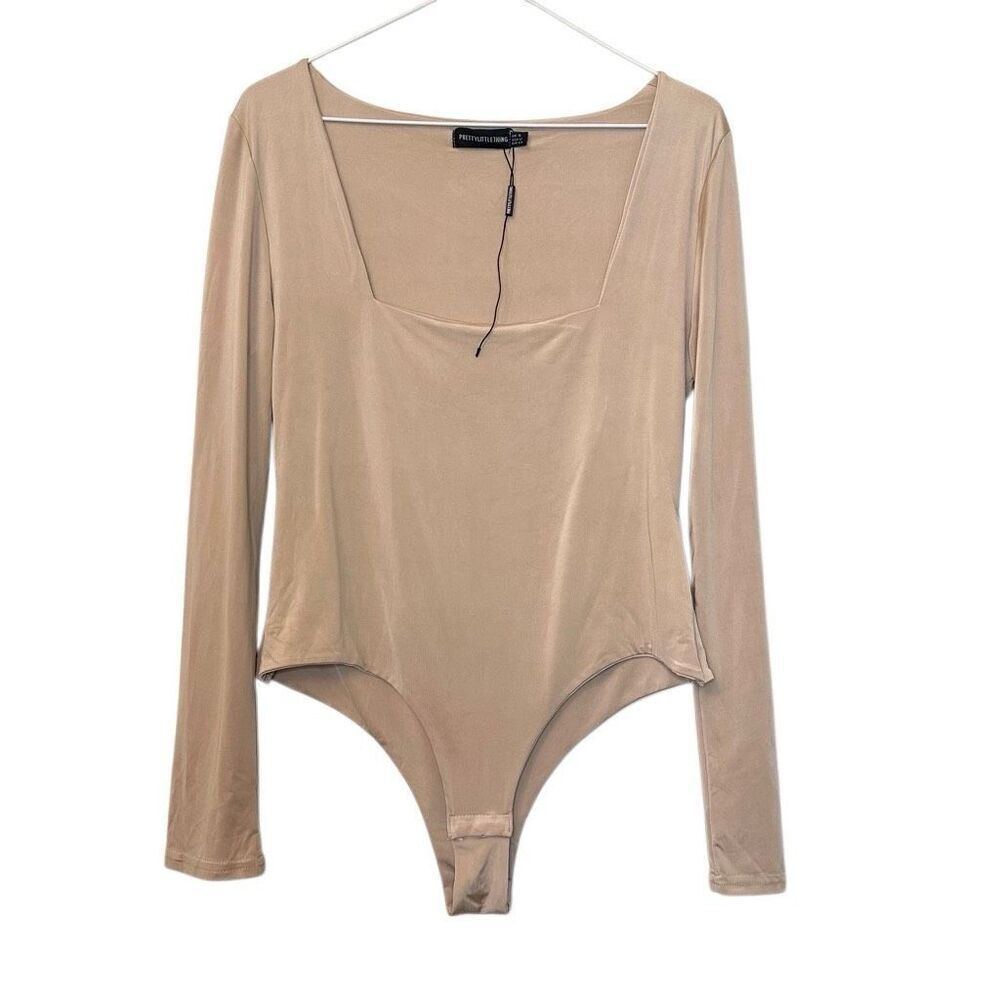 NWT PrettyLittleThing Second Skin Square Neck Long Sleeve Stone Bodysuit Size 12